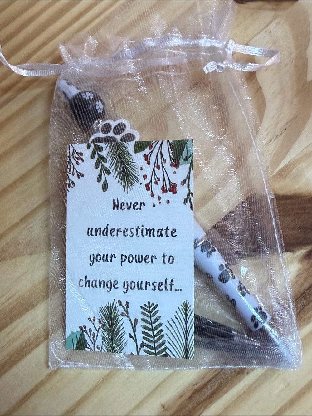 Paw Print Pen: Black and White in mesh bag with inspirational card and refills